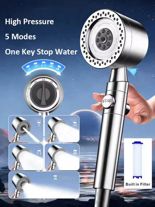 New 5 Mode Pressurized Shower Head with Filter Stop Button Water Saving Spray Nozzles Big Boost Showerhead Bathroom Accessories