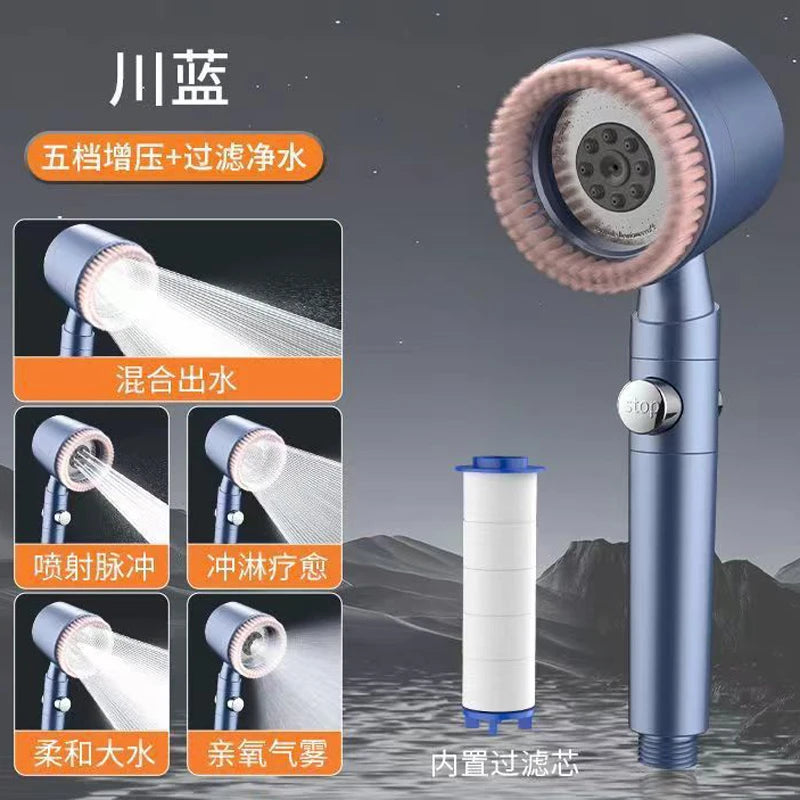 New 5 Mode Pressurized Shower Head with Filter Stop Button Water Saving Spray Nozzles Big Boost Showerhead Bathroom Accessories
