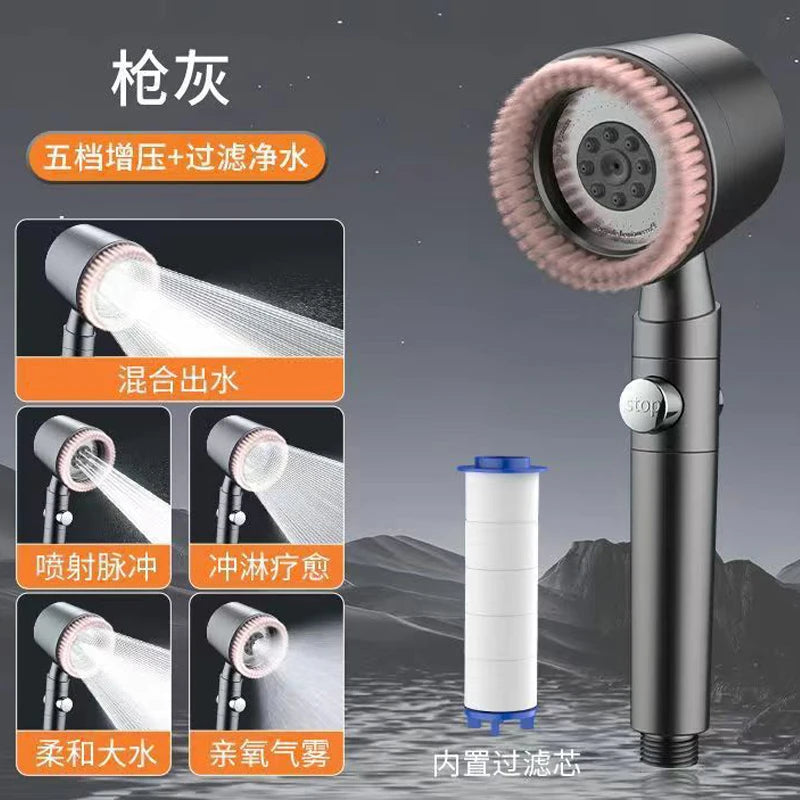 New 5 Mode Pressurized Shower Head with Filter Stop Button Water Saving Spray Nozzles Big Boost Showerhead Bathroom Accessories