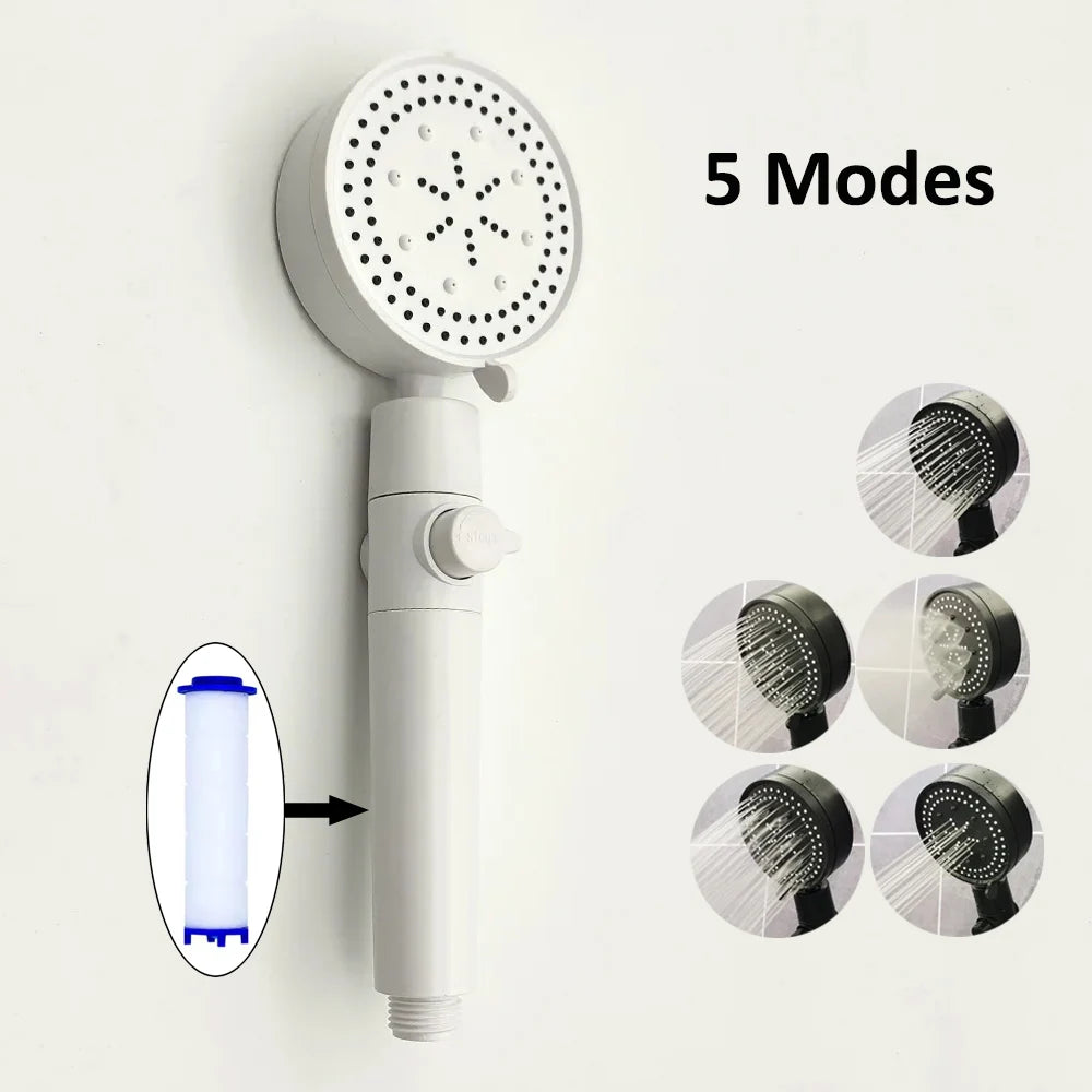 New 5 Mode Pressurized Shower Head with Filter Stop Button Water Saving Spray Nozzles Big Boost Showerhead Bathroom Accessories