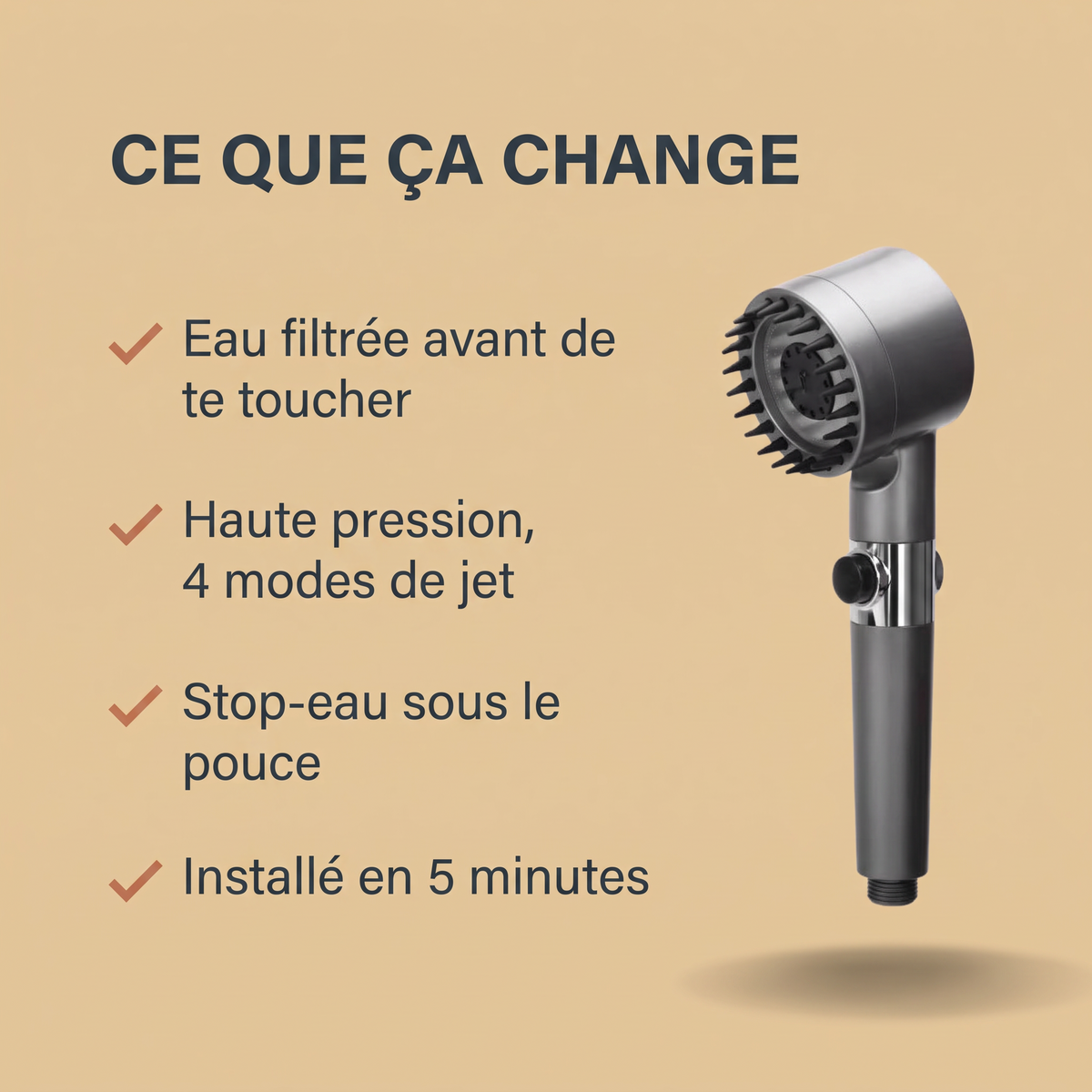 Ce que ça change : eau filtrée, haute pression 4 modes, stop-eau, installé en 5 minutes