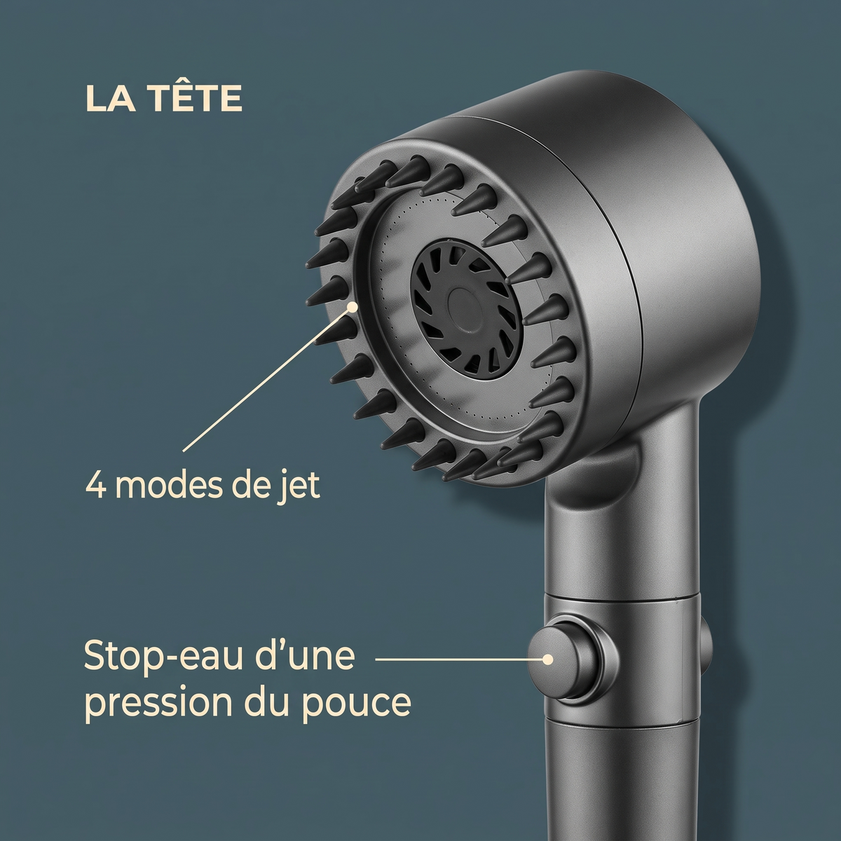 La tête Ozéla : 4 modes de jet et stop-eau d'une pression du pouce