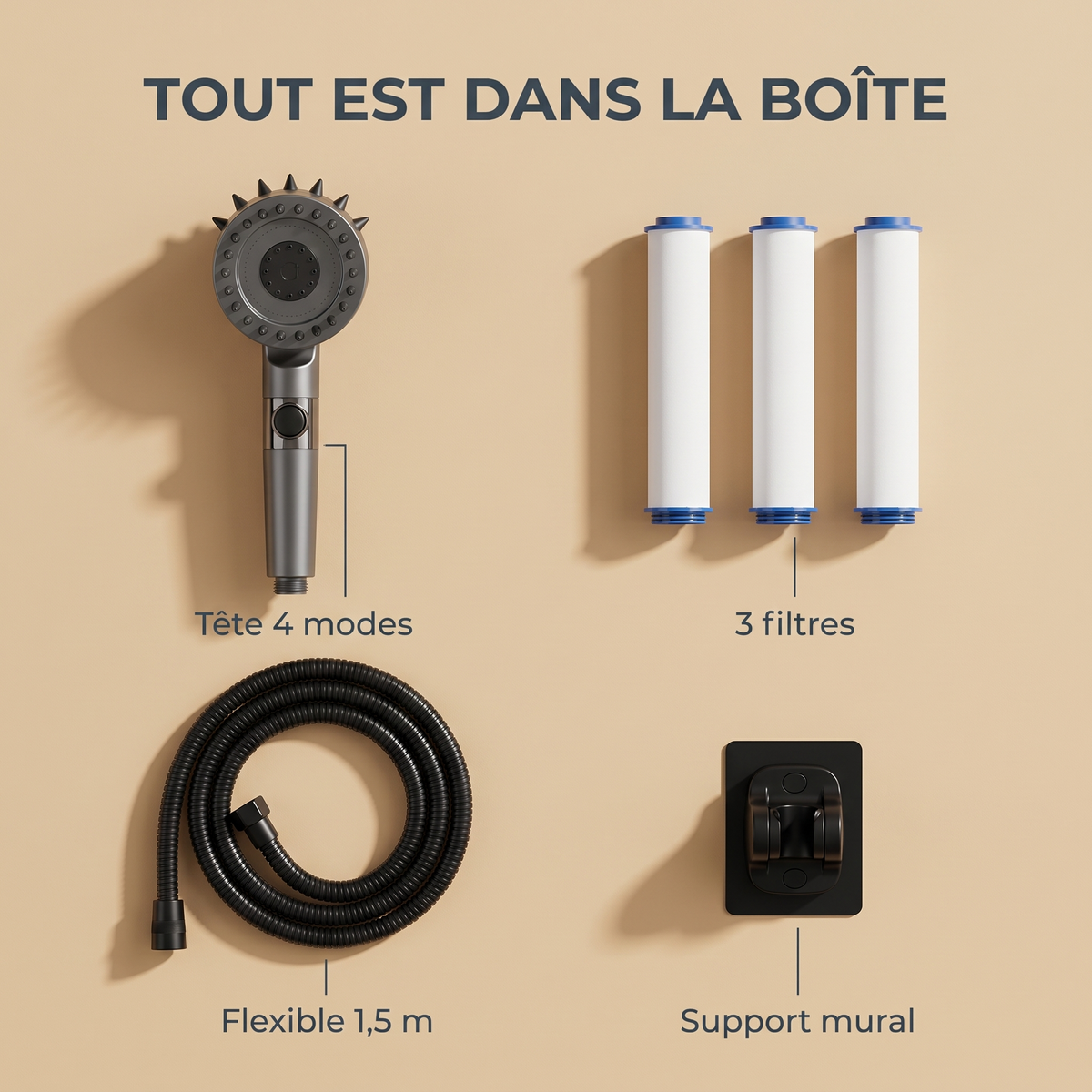 Tout est dans la boîte : tête 4 modes, 3 filtres, flexible 1,5 m et support mural
