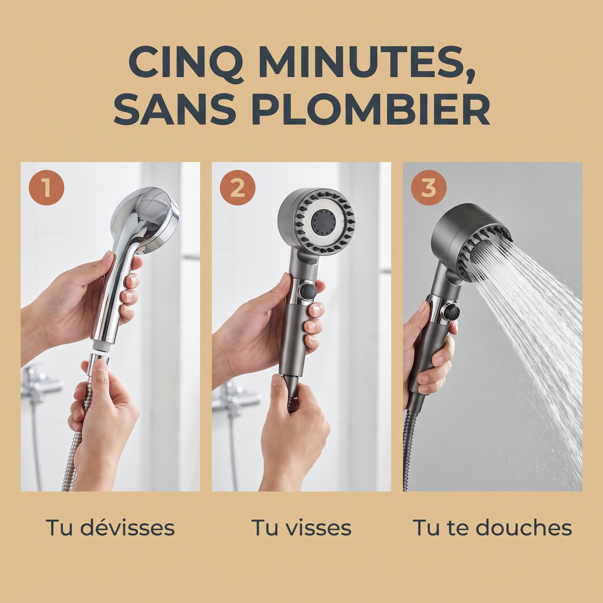 Installation en trois gestes : tu dévisses, tu visses, tu te douches