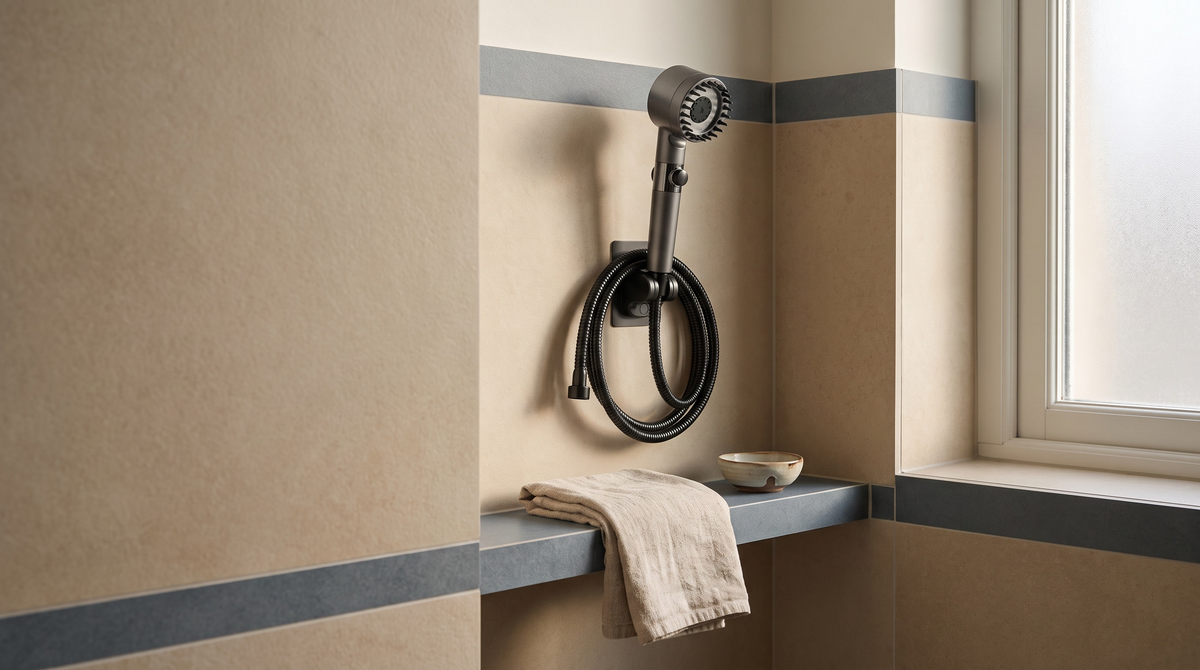 Kit douche filtrante Ozéla dans une salle de bain au petit matin